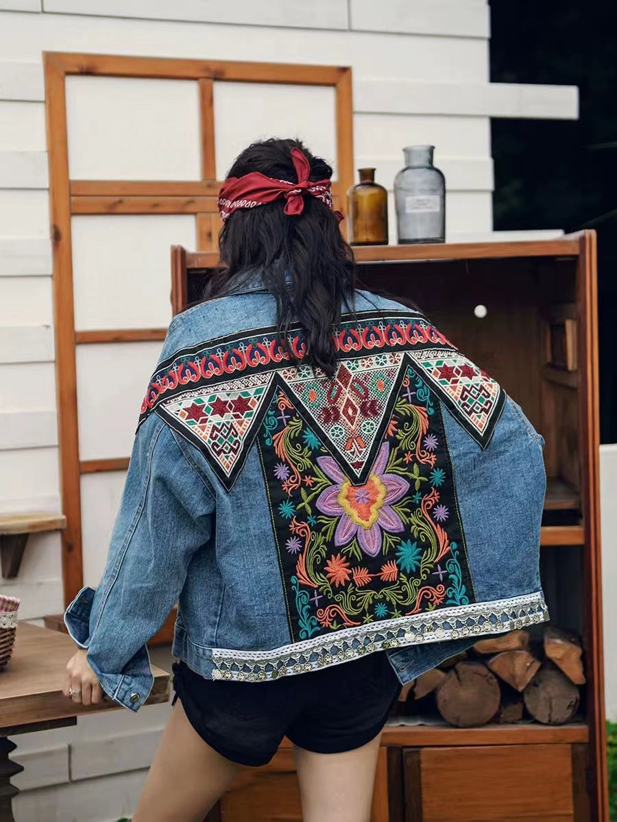 Bohemian Embroidered Willow Studded Short Denim Jacket