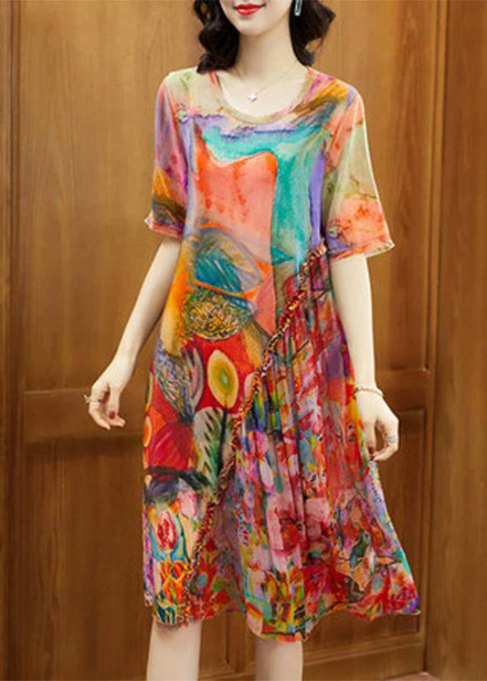 Collar Printed Crinkle Silk Long Dress Short Sleeve