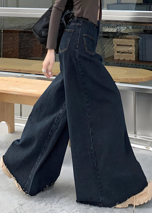 Women's Black Button Denim Wide Leg Pants Spring