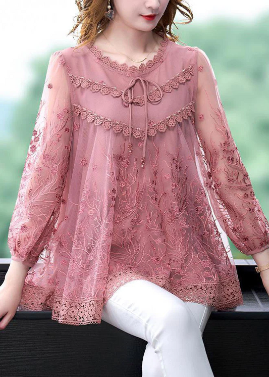 Elegant Organic Pink Embroidered Patchwork Tulle Top