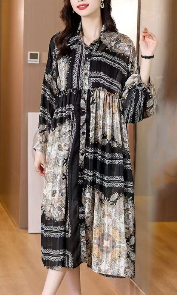 Fashion Printed Pleated Chiffon Long Dresses