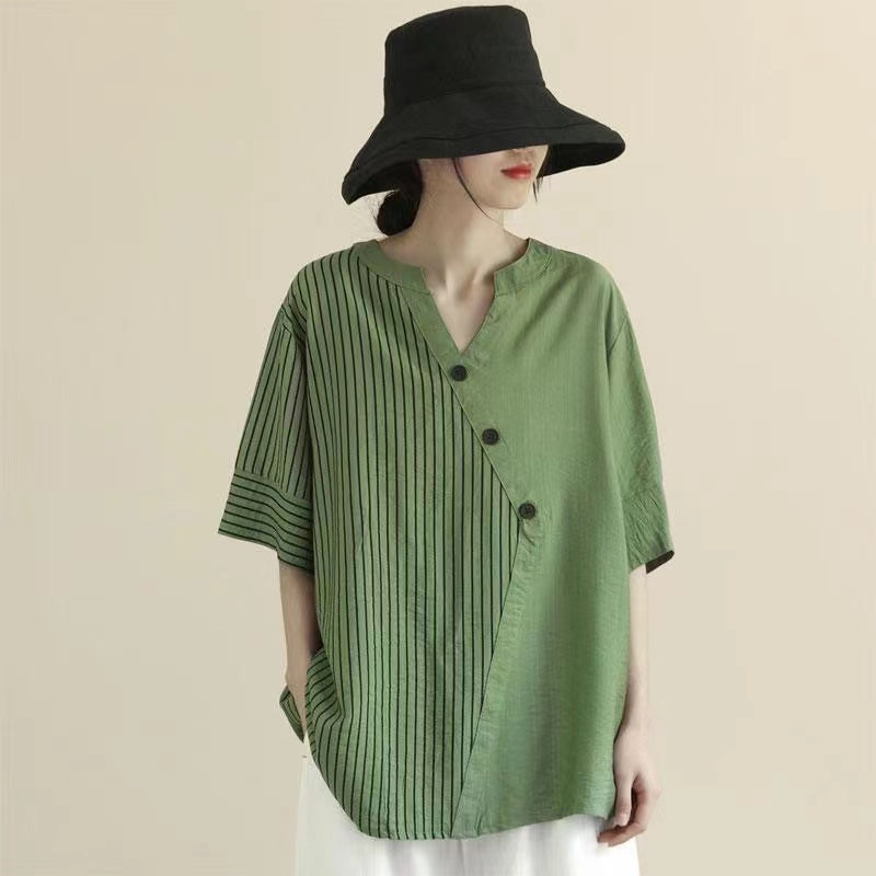 Casual Colorblocked Patchwork Asymmetric Short Sleeve Shirt Top