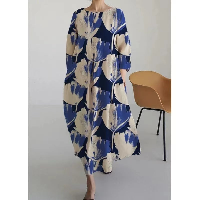 Casual Round Neck Printed Linen Cotton Long Sleeve Dress