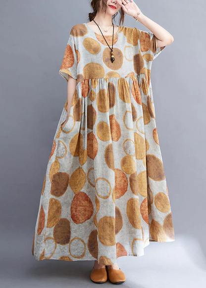 Women's O Neck Crinkle Dot Printed Linen Maxi Dress