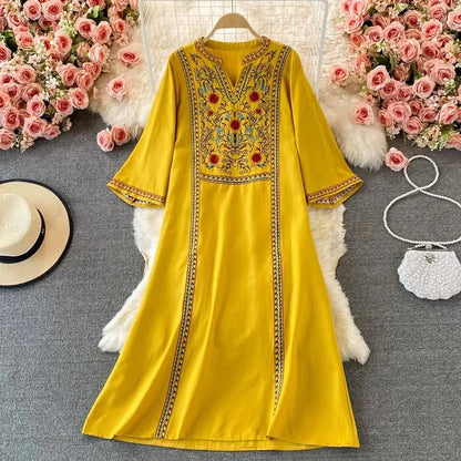 Loose V-Neck Embroidered Fringe Beach Short Sleeve Dress