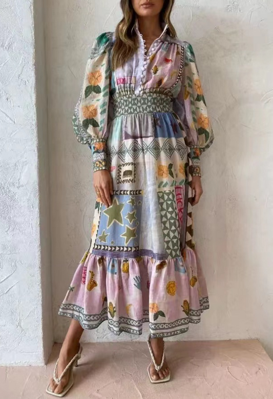 Elegant Printed Button Slim Waist Long Sleeve Long Dresses