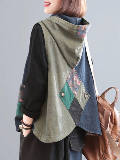 Loose Pocket Patchwork Denim Hooded Vest