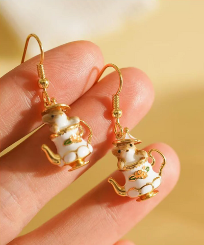 Women's Sterling Silver Gold Plated Teacup Squirrel Dangle Earrings