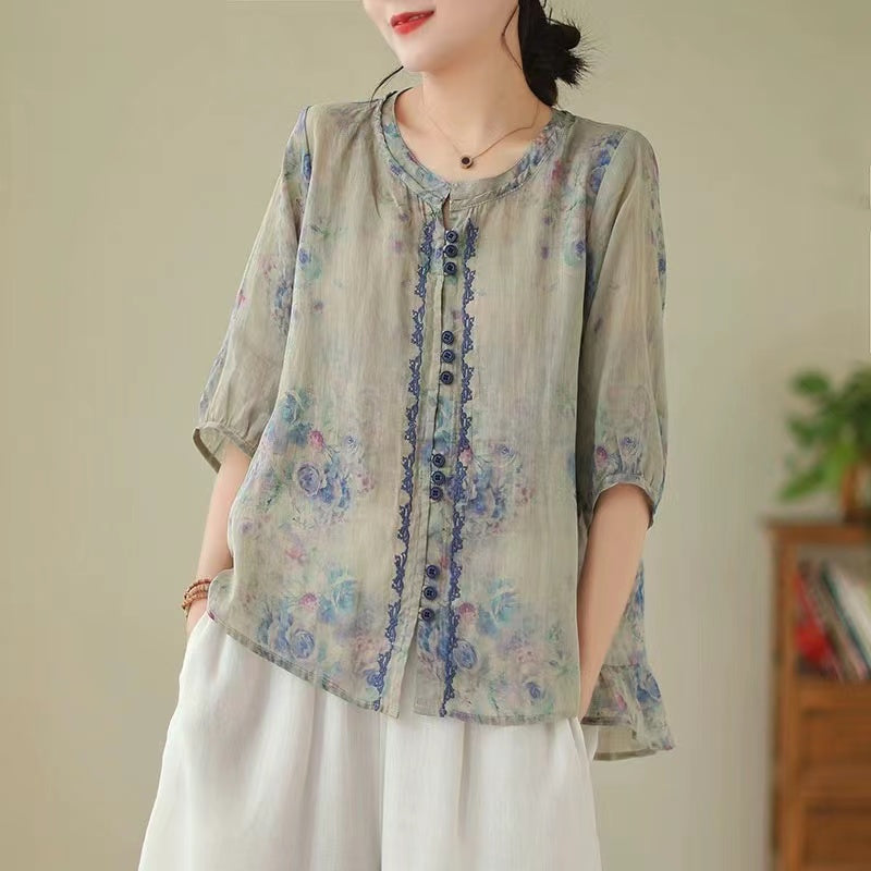 Elegant Printed Color Clash Cardigan Short Sleeve Cotton Blouse Top