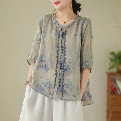 Elegant Printed Color Clash Cardigan Short Sleeve Cotton Blouse Top