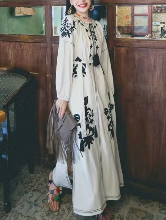 Bohemian Embroidered Strappy Long Sleeve Long Dress