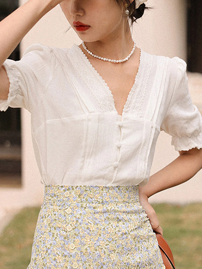 Elegant V-Neck Ruffle Short Sleeve Top