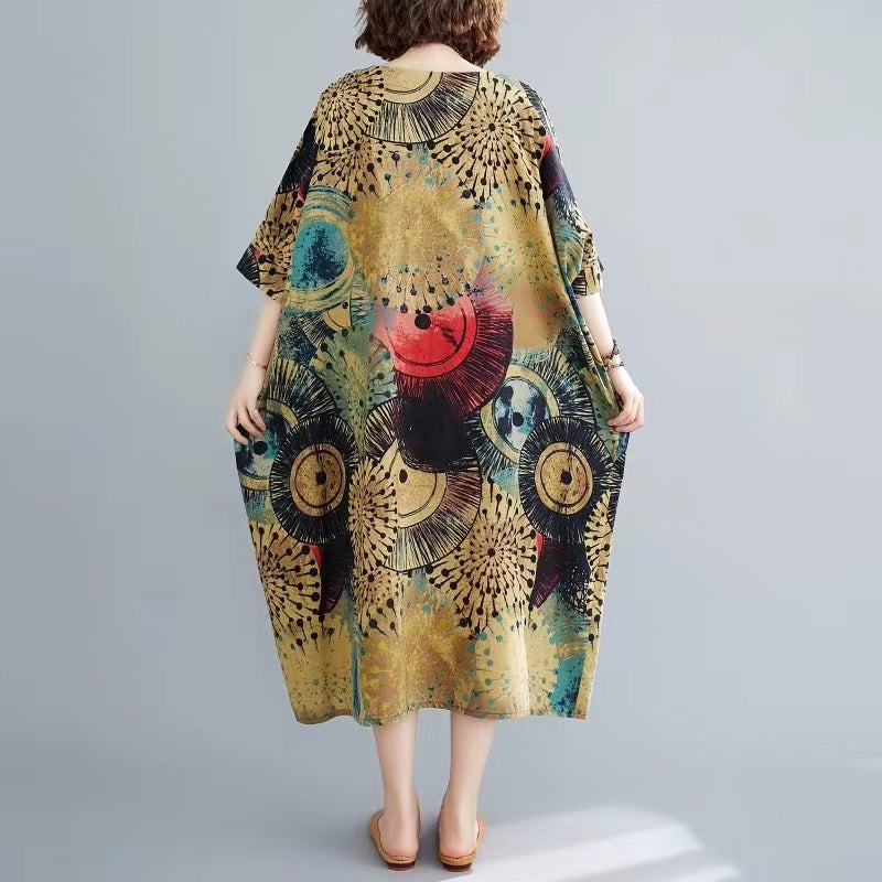 Loose Round Neck Printed Linen Dress