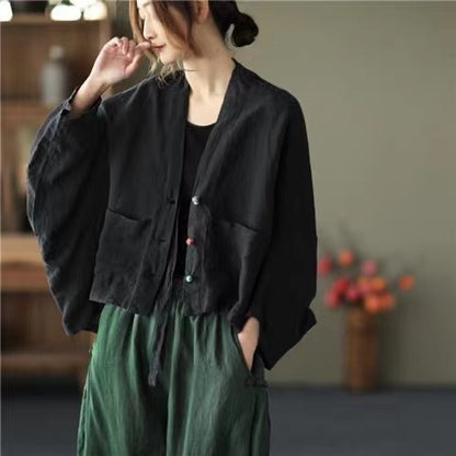 Cotton Batwing Sleeve Pocket Jacket Short Style