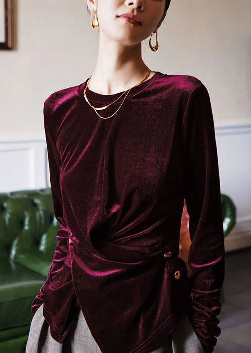 Elegant velvet blouse with asymmetric buttons long sleeves