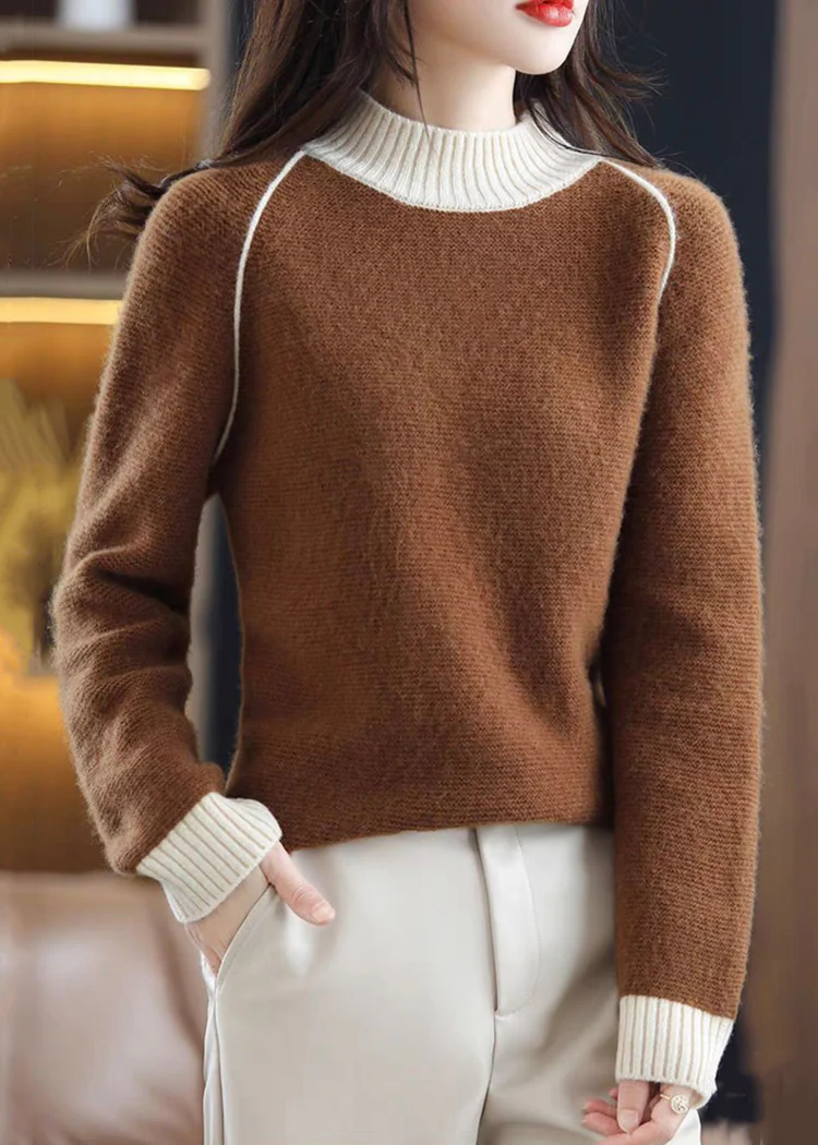 High neck cosy patchwork wool knit jumper