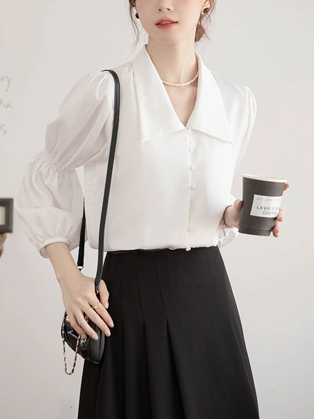 Elegant Lantern Sleeve Long Sleeve Lapel Blouse Top