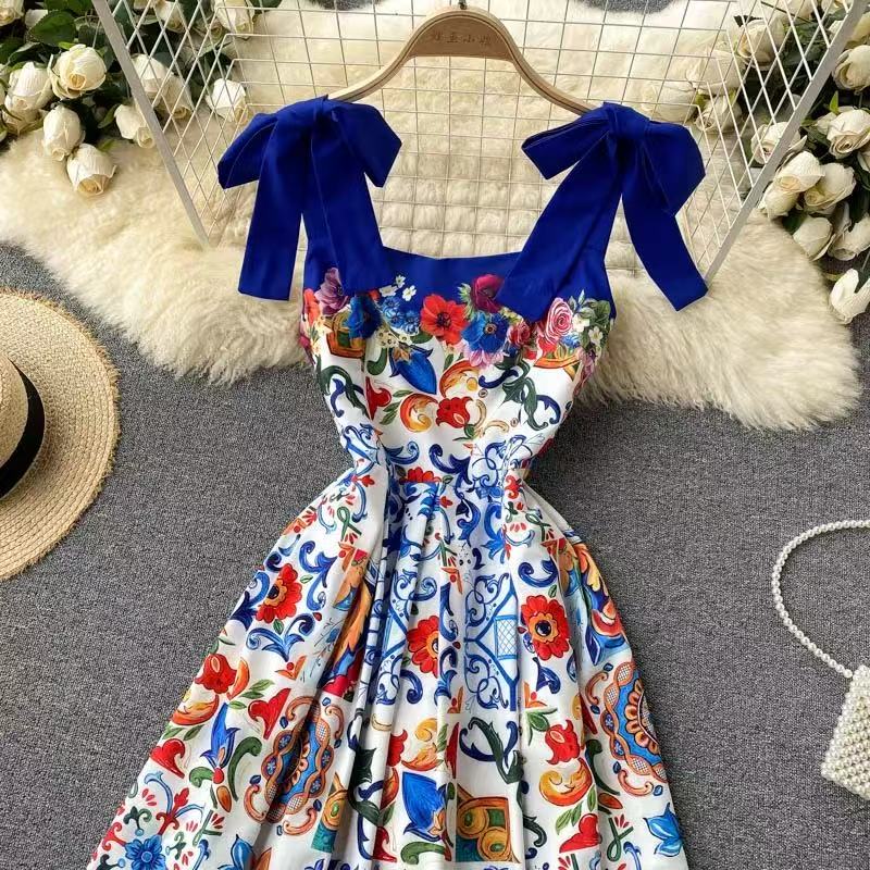 Printed Casual Pattern Patchwork Square Neck Sleeveless Long Dress Spring Summer