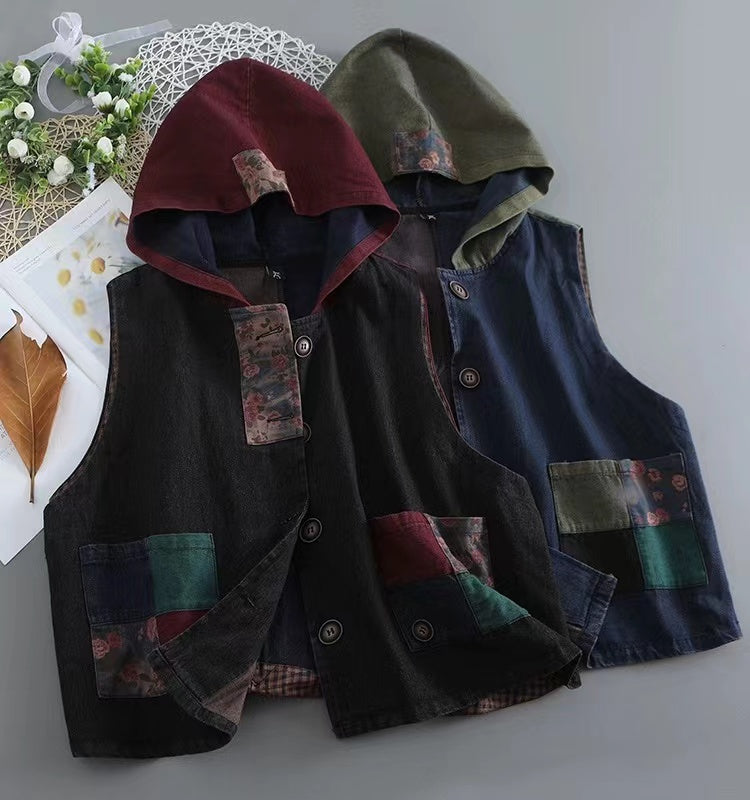 Loose Pocket Patchwork Denim Hooded Vest