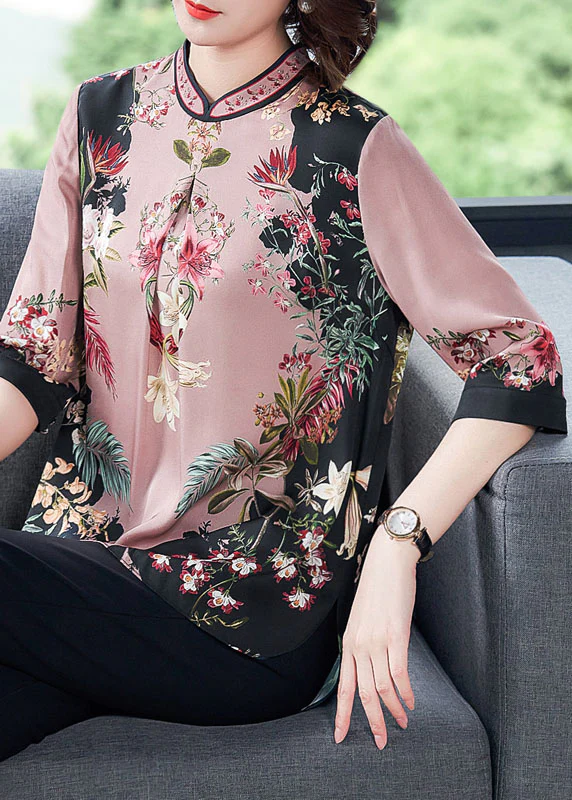 Fashion Standing Collar Printed Side Split Silk Half Skirt Shirt Top