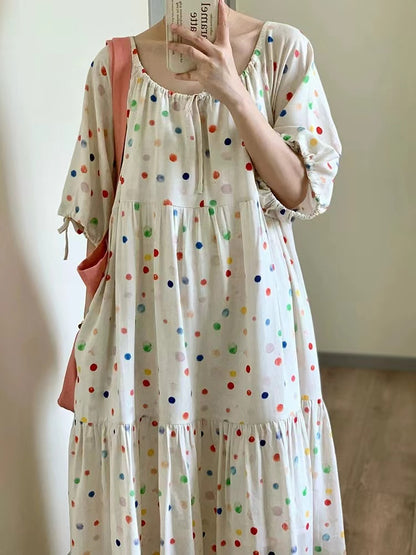 Colorful Polka Dot Drawstring Short Sleeve Dress