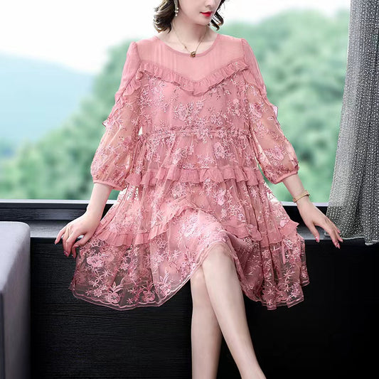 Fashion Ruffle Patchwork Applique Tulle Dress Half Sleeve