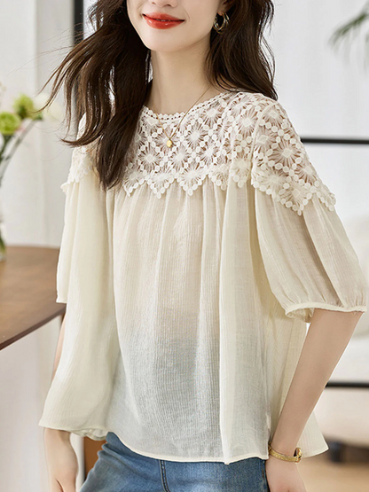 Elegant Lace Patchwork Cotton Interrupted Blouse Top