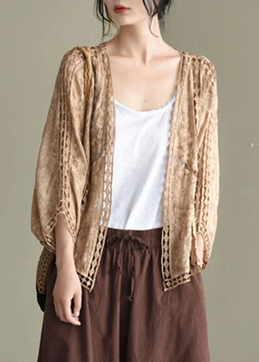 Fashion Hollow Jacquard Cutout Cotton Short Cardigan