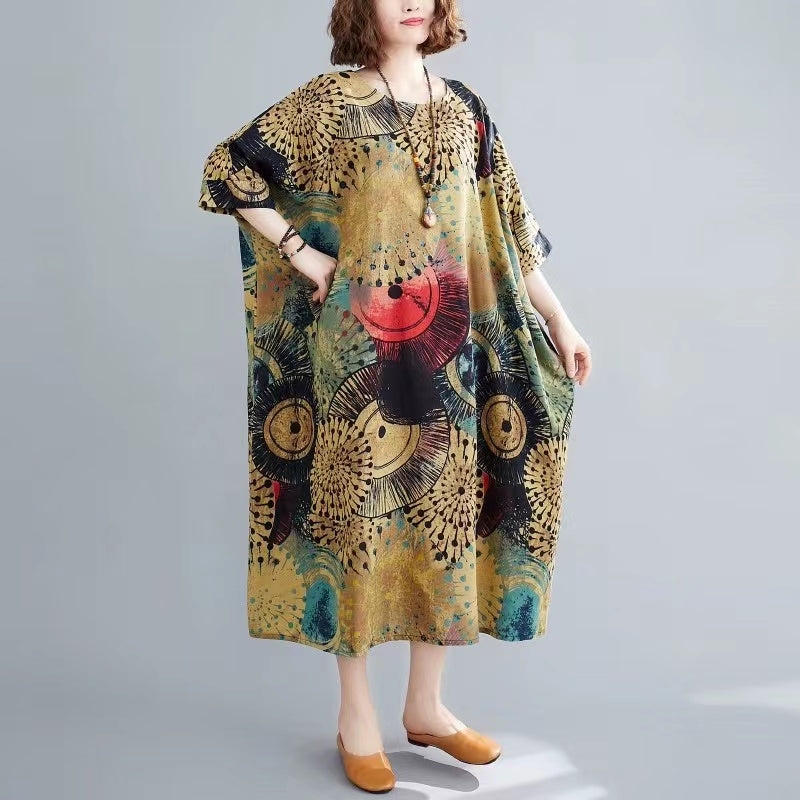 Loose Round Neck Printed Linen Dress