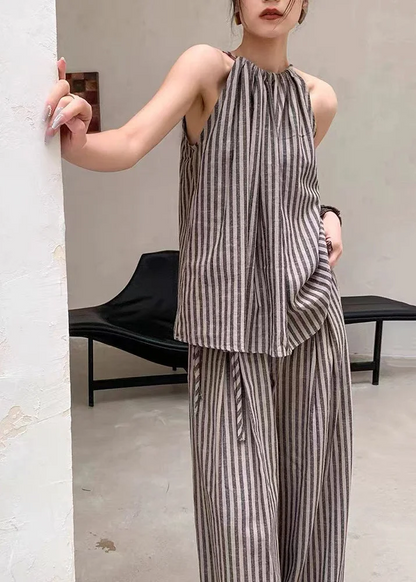 Women's Casual Color Striped Top Wide Leg Pants Two Piece Set Summer