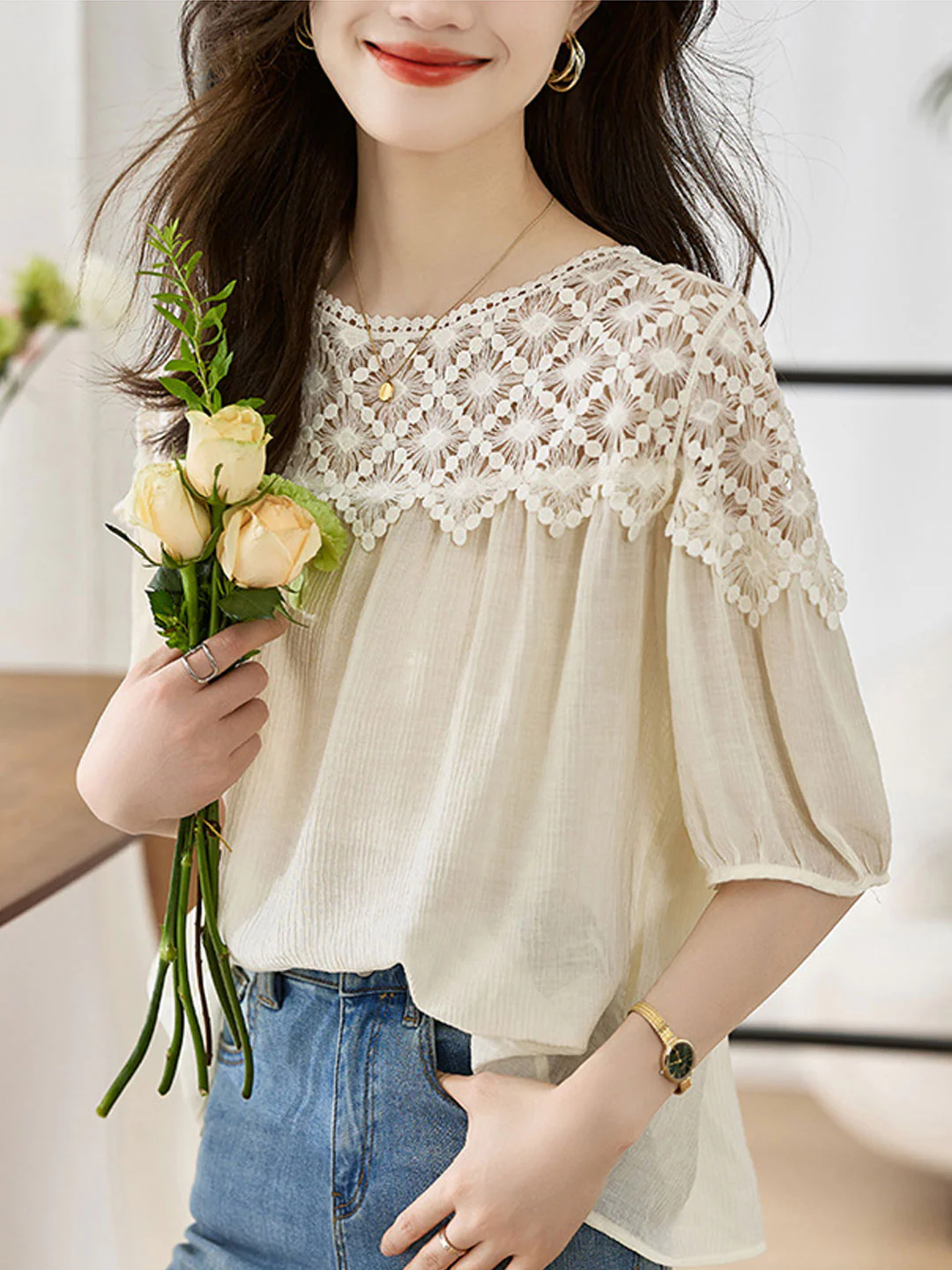 Elegant Lace Patchwork Cotton Interrupted Blouse Top