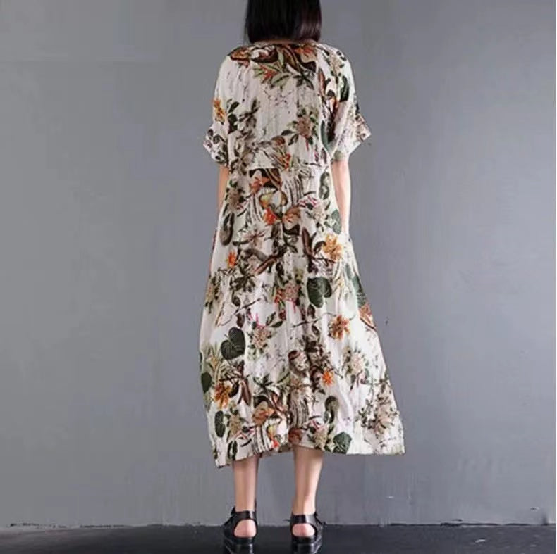 Loose Round Neck Printed Linen Dress