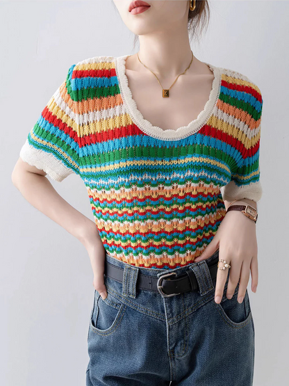 Elegant Rainbow Stripe Hollow Out Knit Short Sleeve Shirt Top