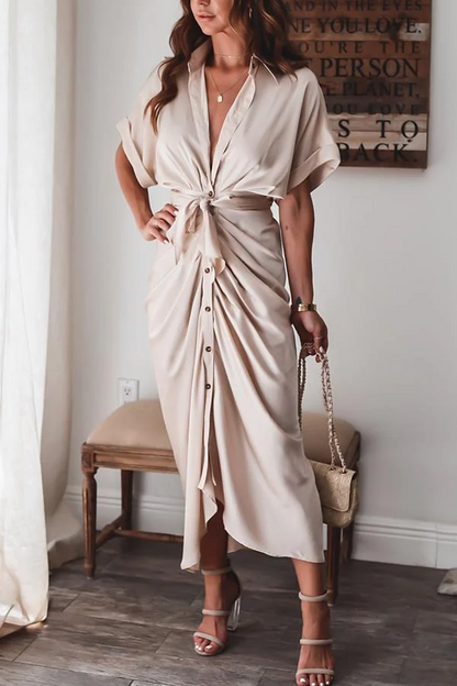 Elegant Satin Button Style Draped Dress