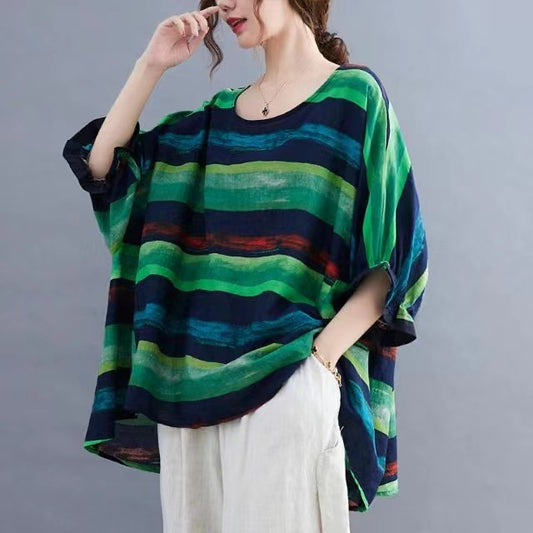 Colorblocked Striped Cotton Linen Crew Neck Batwing Sleeve T Shirt Top