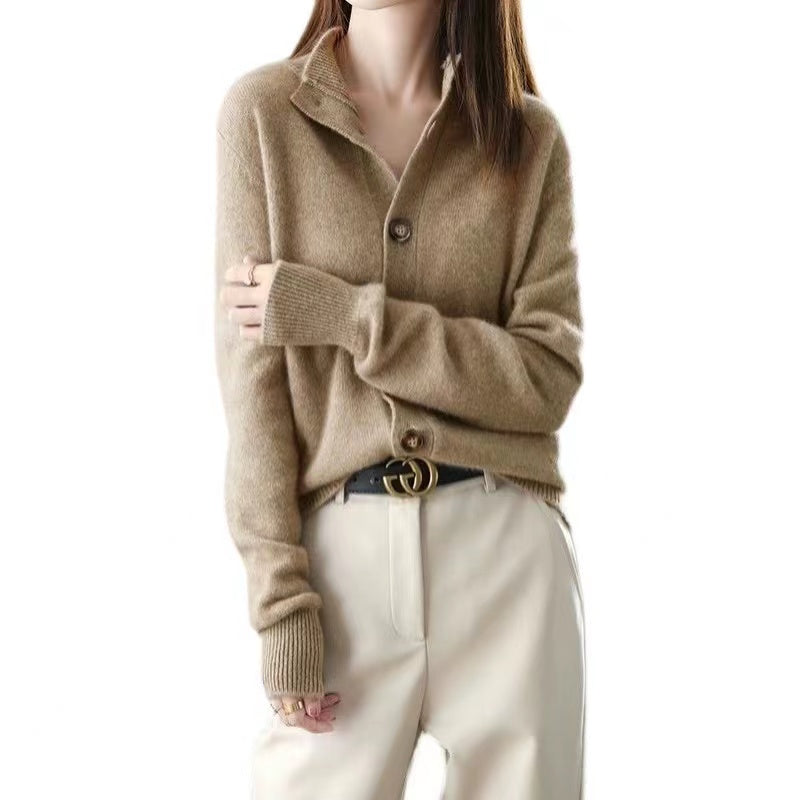 Loose Camel Stand Collar Wool Button Cardigan