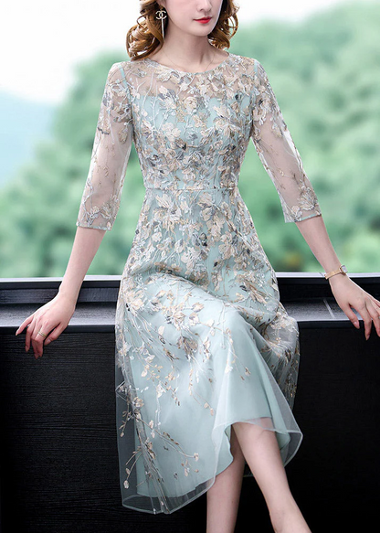 Elegant Round Neck Embroidered Floral Drawstring Organza Long Half Sleeve Dresses