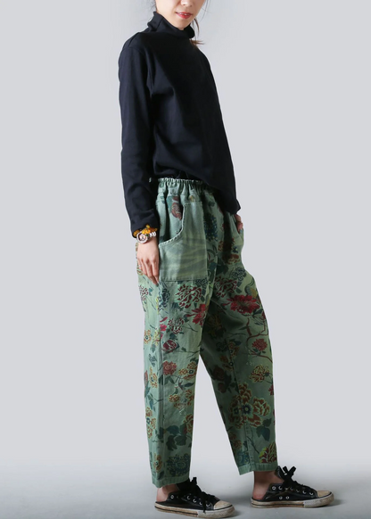 Pocket Printed Trousers Straight Leg Denim Stretch Waist