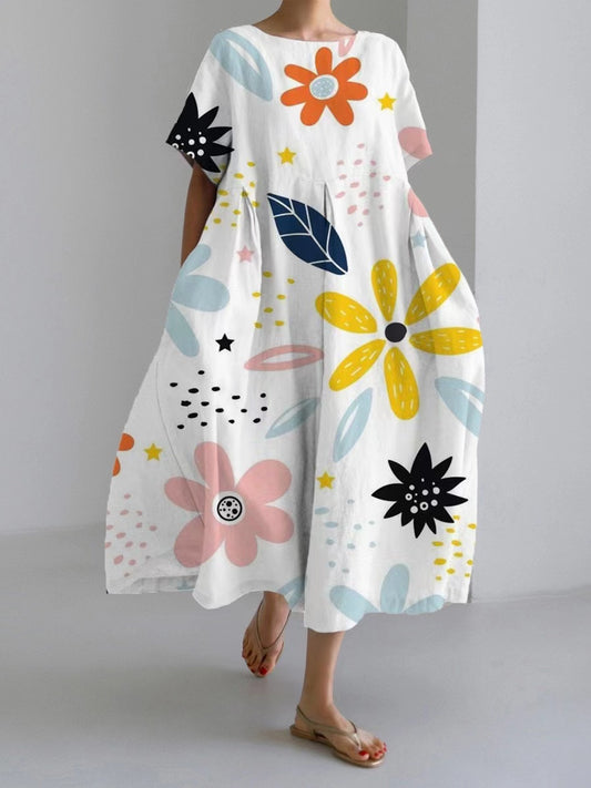 Loose Round Neck Printed Linen Cotton Long Sleeve Dress