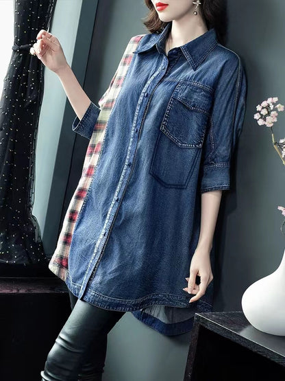 Fashion Patchwork Lapel Cardigan Short Sleeve Denim Top