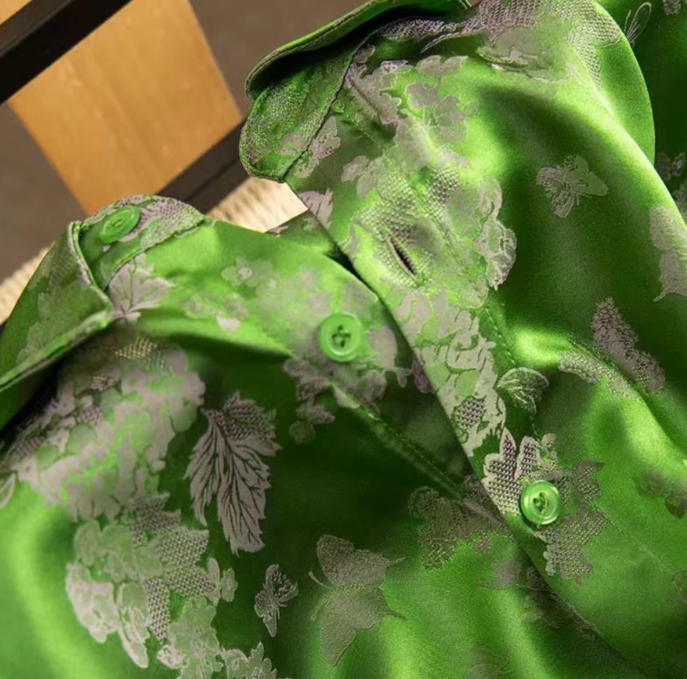 Chinese Style Green Printed Silk Jacquard Shirt Top