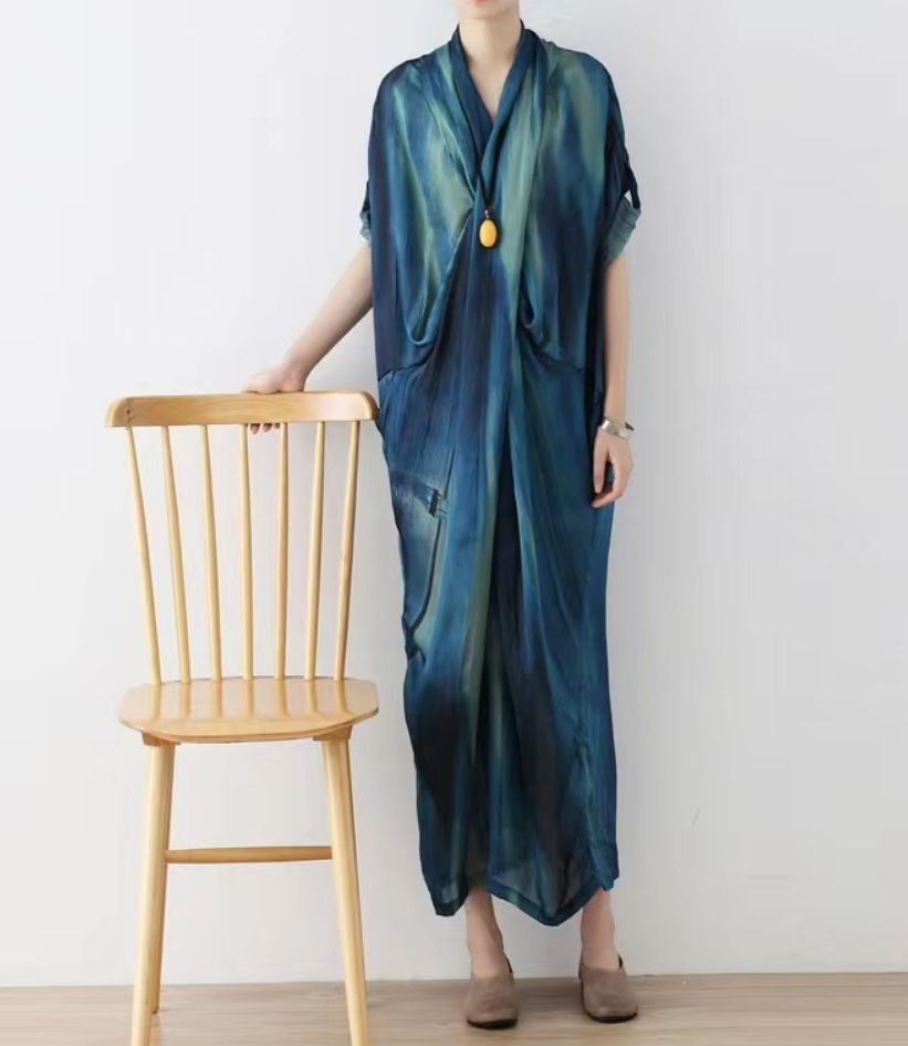 Loose Blue Smooth V-Neck Robe Dress