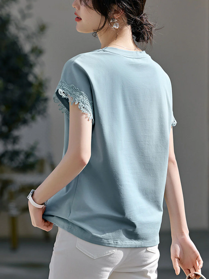 Elegant Shoulder Sleeve Lace Patchwork Short Sleeve Blouse Top