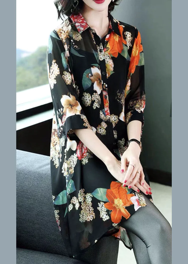 Printed Silk Long Blouse Top Button Half Sleeve