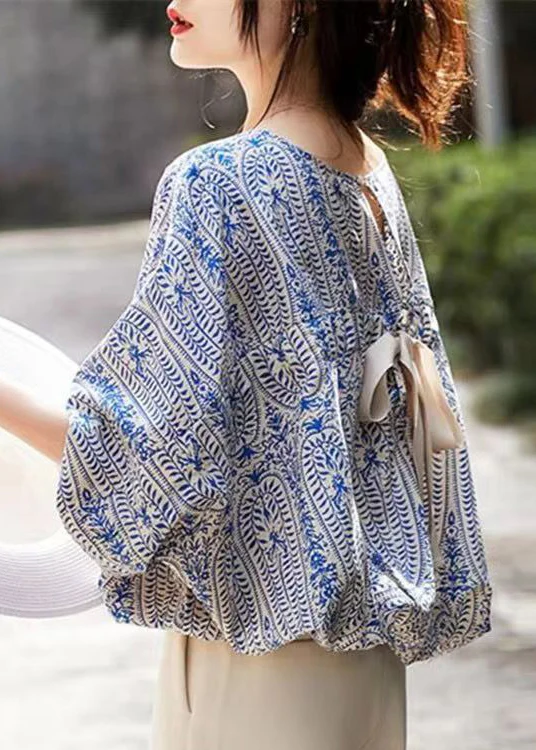 Loose O Neck Printed Tie Cotton Batwing Sleeve Shirt Top