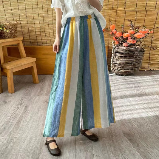 Casual Colorful Oversized Striped Cotton Wide Leg Pants