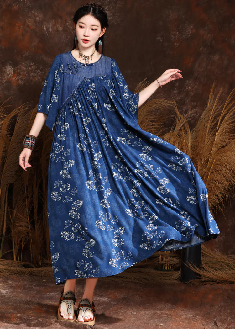 Elegant Patchwork Printed Wrinkled Denim Long Skirt