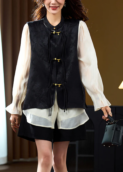 Chinese Style Silk Vest with Fringed Collar