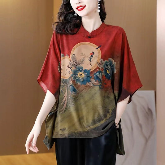 Elegant O Neck Printed Side Split Silk Top Half Sleeve Top