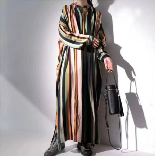 Elegant Lapel Striped Color Clash Long Sleeve Shirt Dress